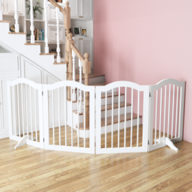 27.6 Height Tall Freestanding Pet Gate, 4 Panels Foldable Dog Gate, Solid Wood Folding Safety Fence Wooden Dog Gate With 2 Pcs Support Feet Ideal